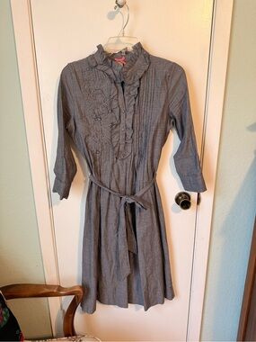 DownEast Blue Chambray Top with Pink Polka Dot Bow